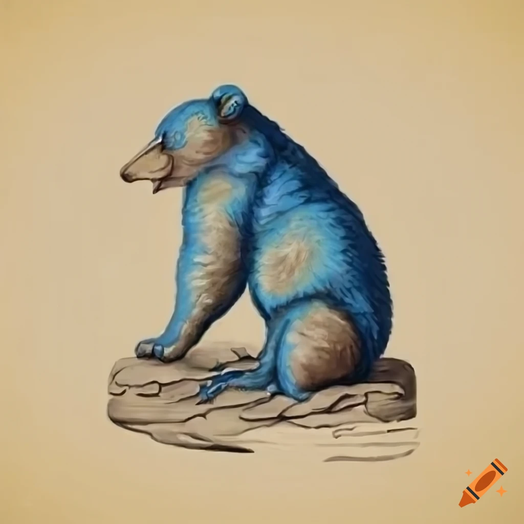 16th-century heraldic emblem wood carving of a bear with blue fur and rainbow peacock wings