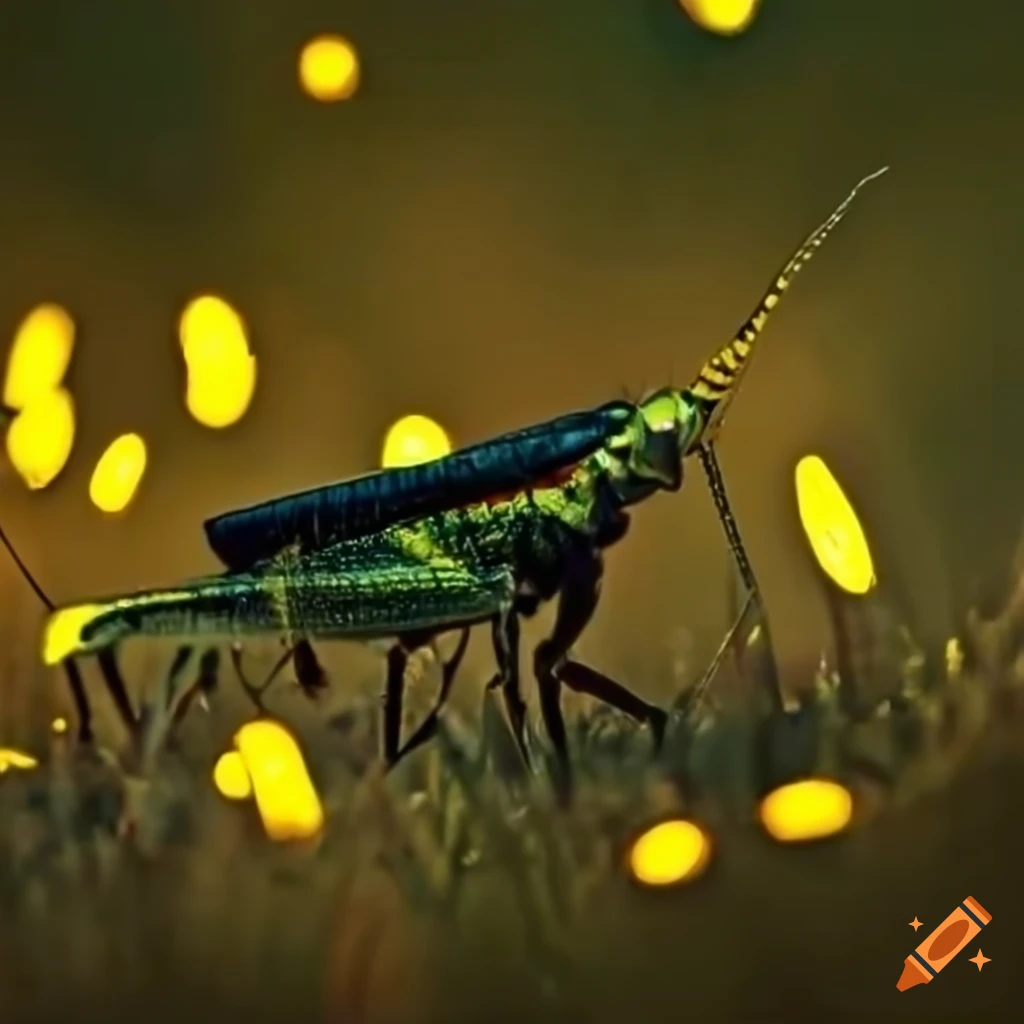Enchanting fireflies lighting up a meadow with a grasshopper nearby