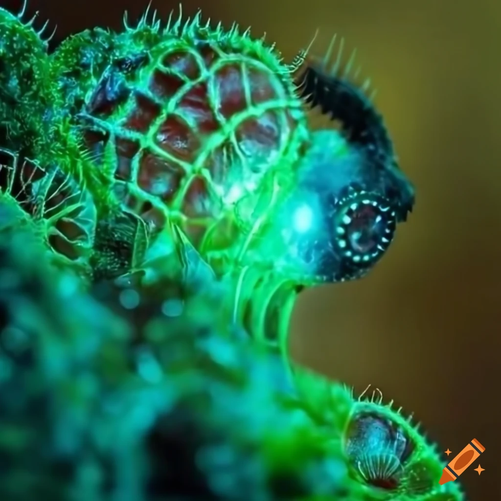 Glowing biopunk Venus flytrap creature in a futuristic cityscape