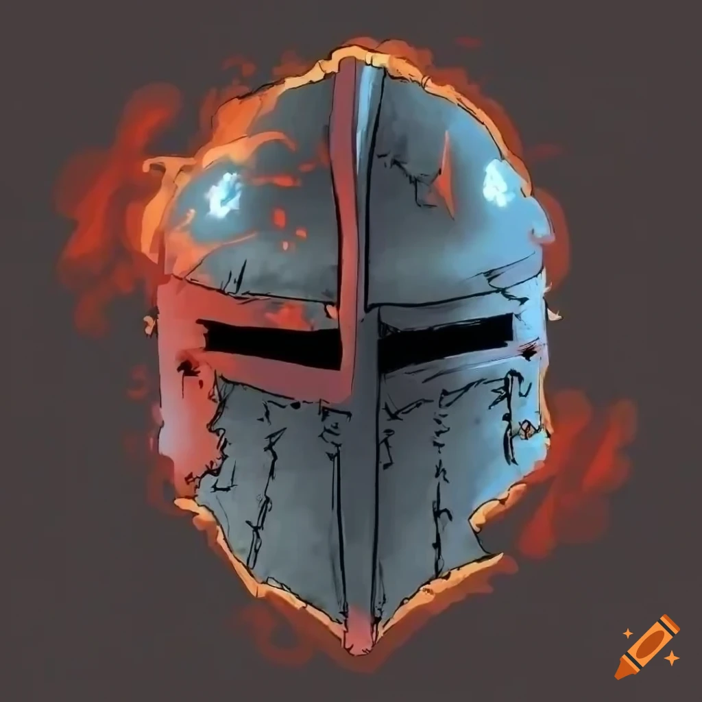 Broken medieval great helm with a glowing red eye in dark souls art style