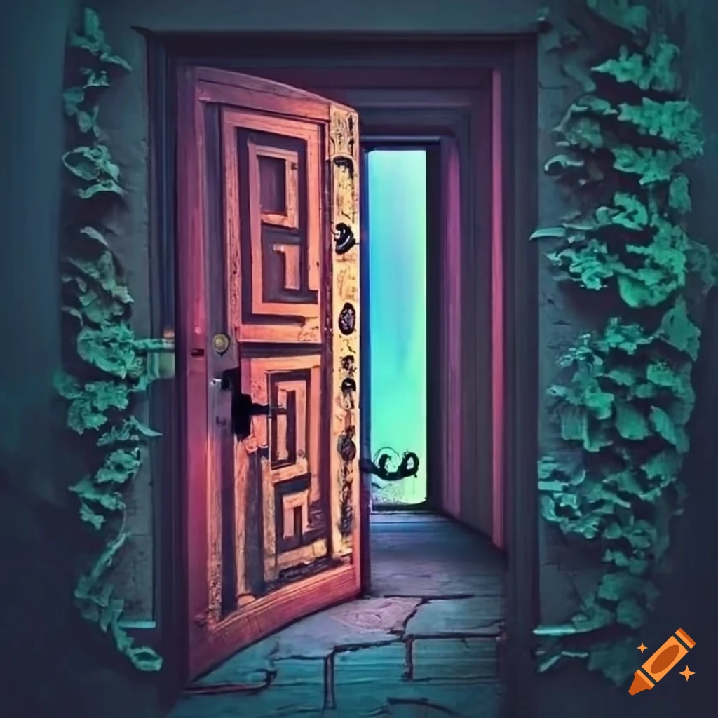 Open door revealing a labyrinth with warm colors and darkness beyond