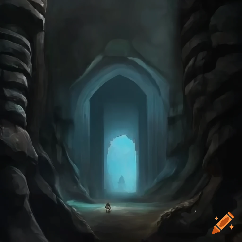 Entrance to a castle dungeon with a giant stone gate and closed portcullis