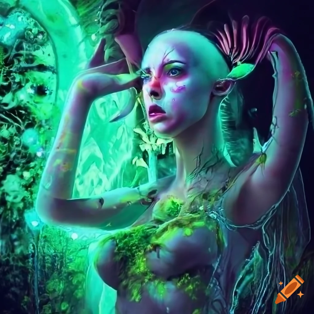 Glowing biopunk cityscape with green moss, plants, mushrooms, and cyborg goddesses