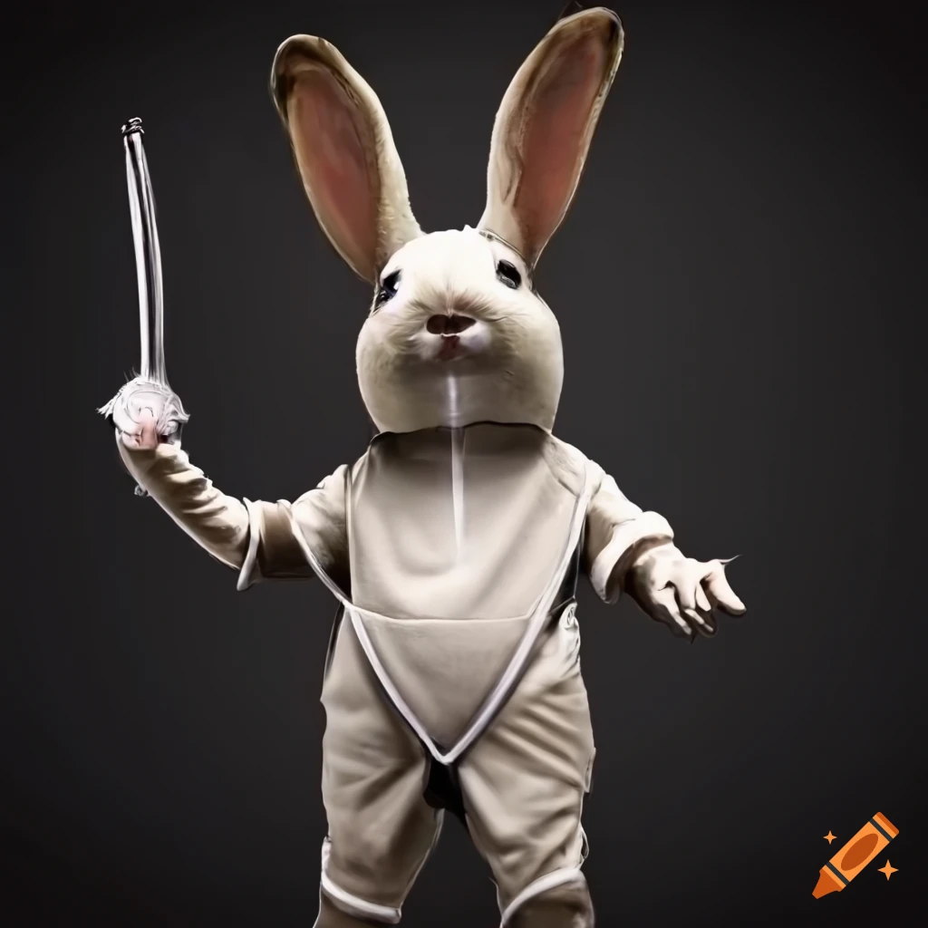 Bunny in fencing outfit with an epee