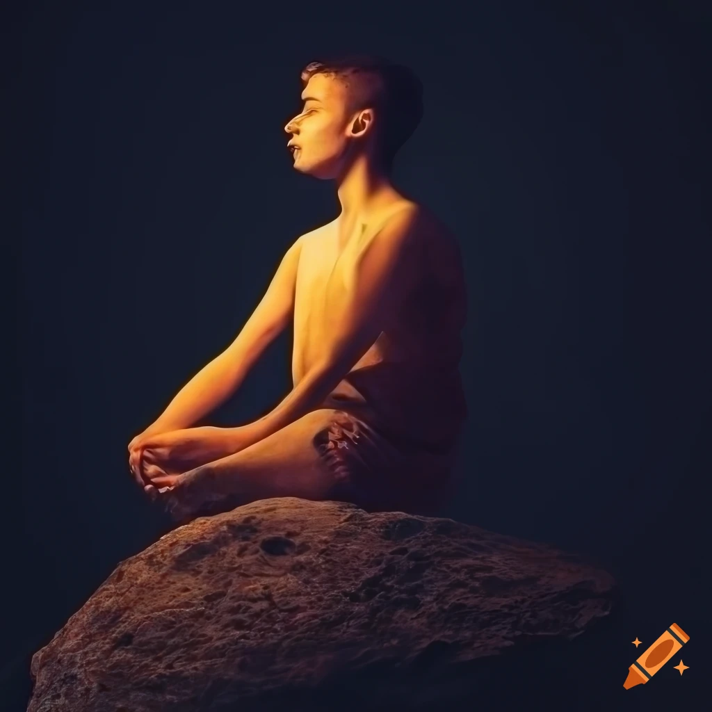 Young man illuminated by dramatic golden lighting while sitting on a rock