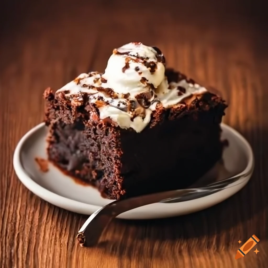 Delicious hot brownie topped with cold ice cream on Craiyon