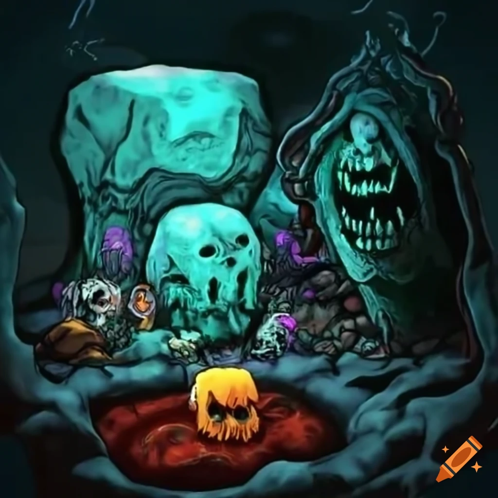 Fantasy band in dungeon acid pit with gelatinous cube and lightning on