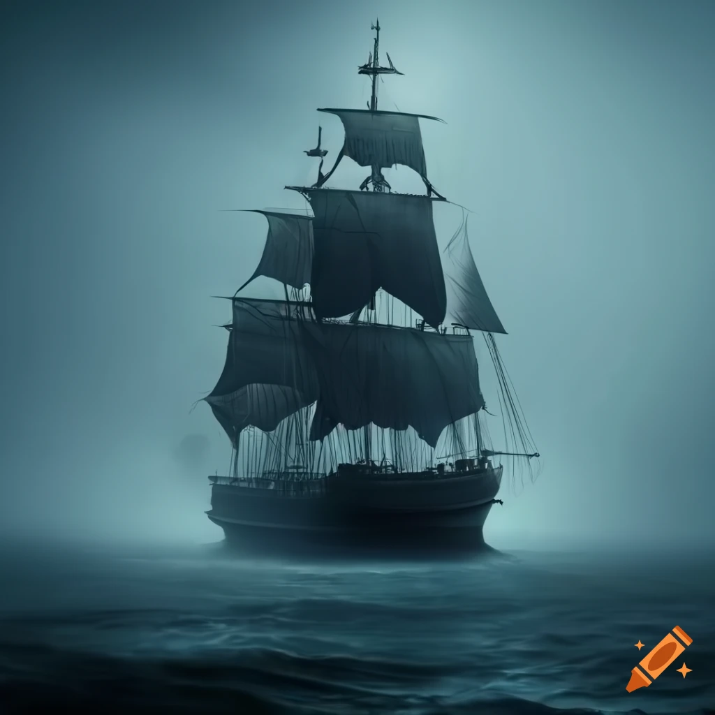 Black pirate ship in high resolution amidst fog