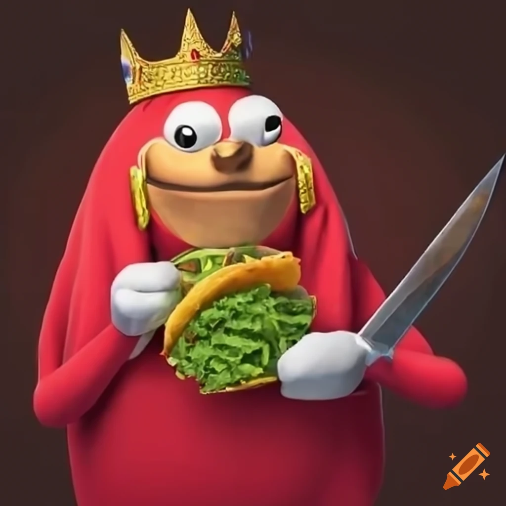 Ugandan knuckles with a crown holding a taco and sword