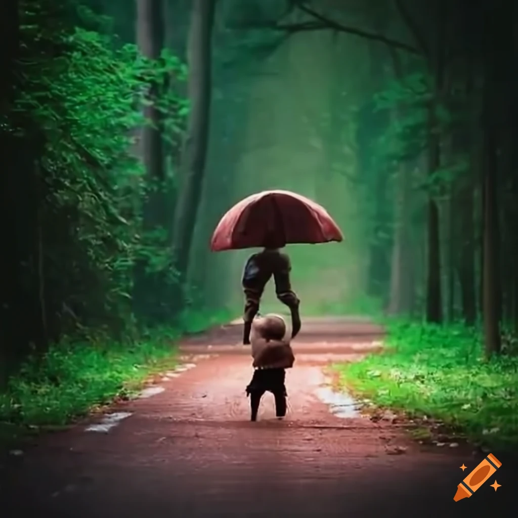 Tricycle driver in a rainy forest stopping to help a little child