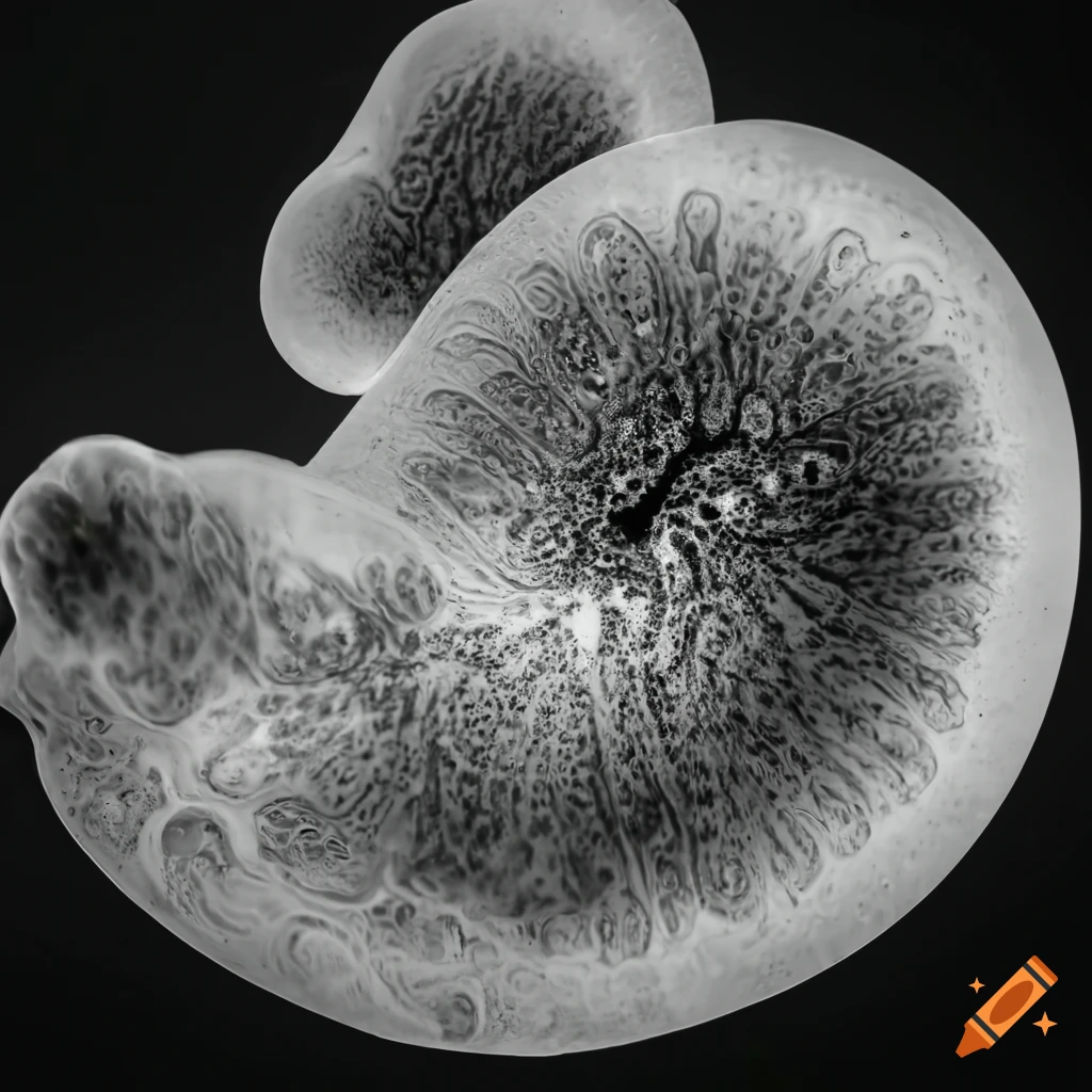 Black and white photo of paramecia in fluid under microscope