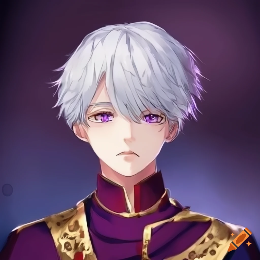 Anime boy in royal clothes with white hair and purple eyes on Craiyon