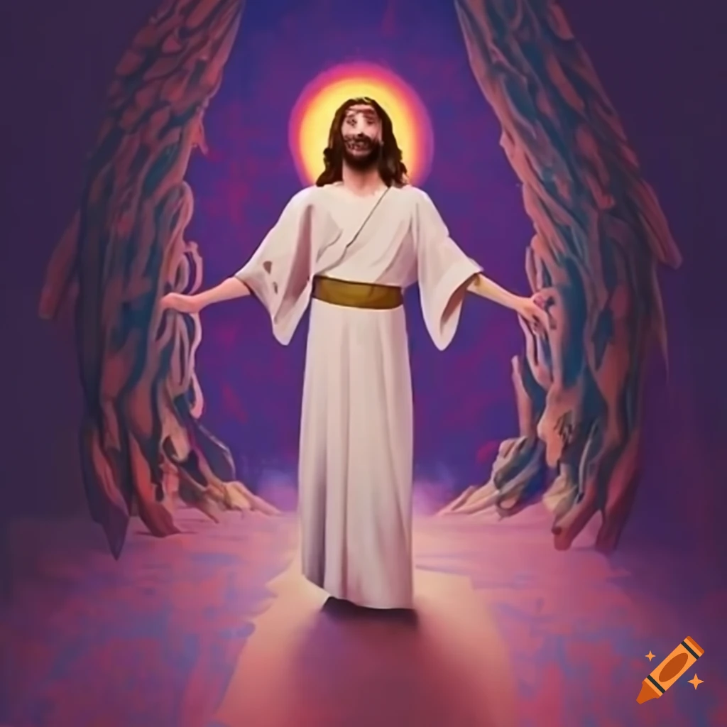 Colorful film poster for "Fashion of the Christ" mockumentary with Angel Gabriel teaching Jesus about fashion