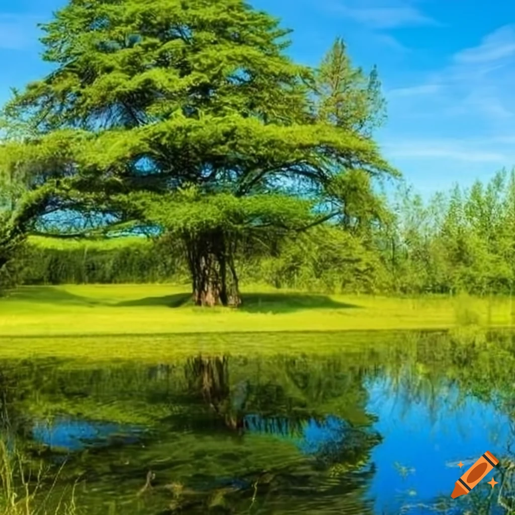 Large lush cedar tree by a small pond in a meadow