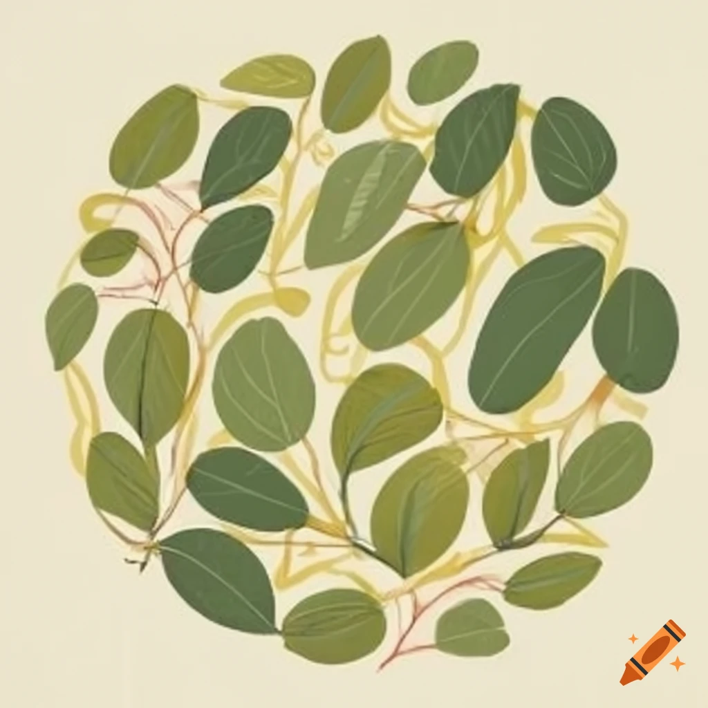 Circle of olive green and yellow leaves on white background