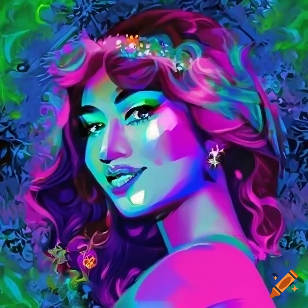 Digital painting of confident streamer Narain with allure and vibrant attire