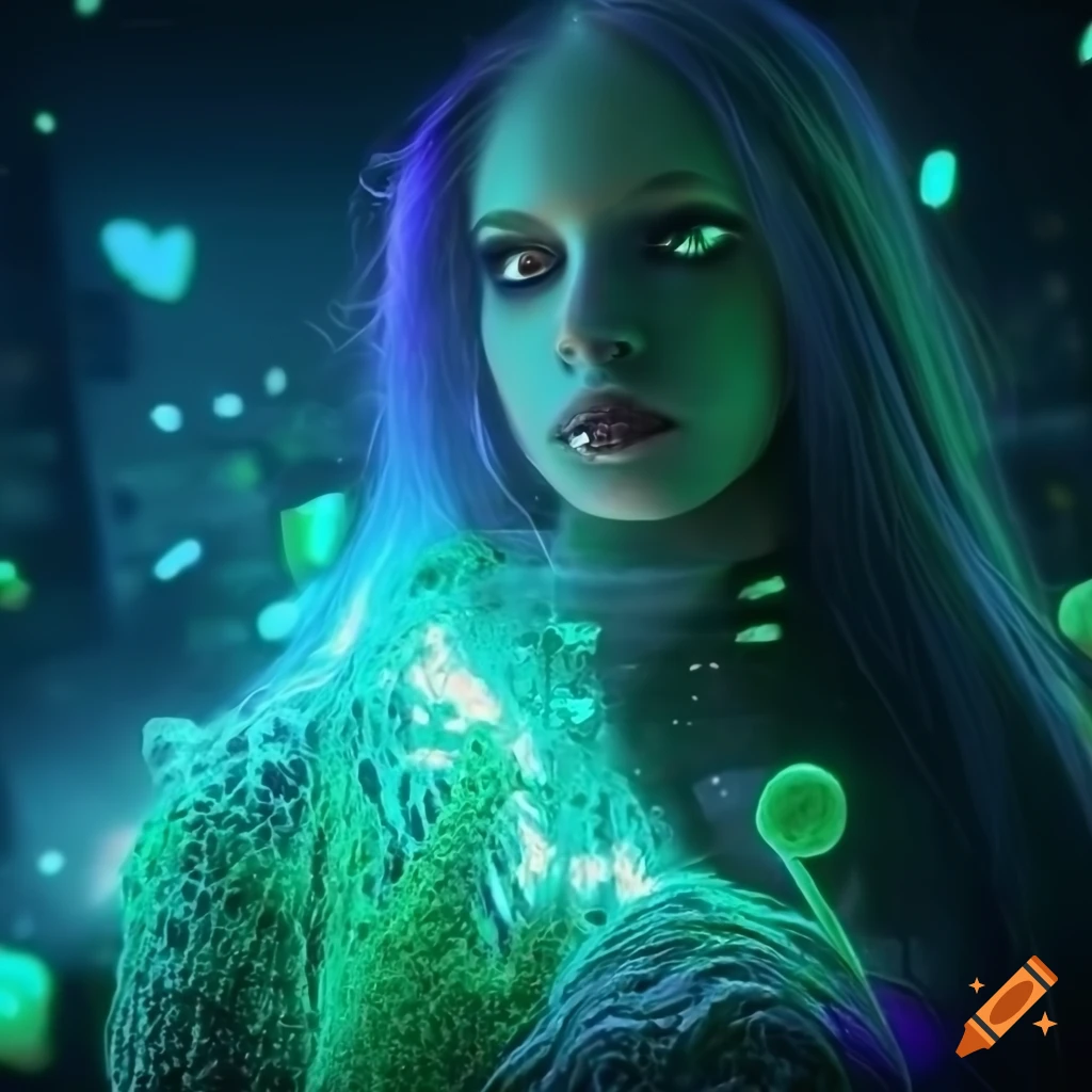 Glowing biopunk cityscape with green moss, plants, mushrooms, and cyborg goddesses