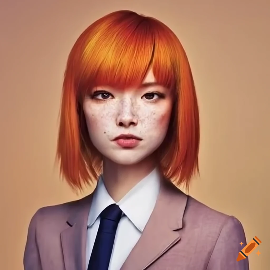 Woman with orange hair, fair skin, and freckles in business attire giving a public speech