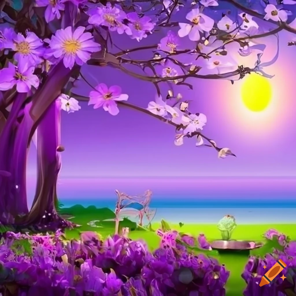 Chocolaterie decoration with floral design in green and purple landscape with cotton candy ground