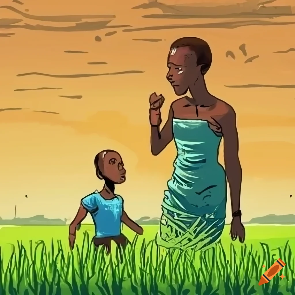 4-panel cartoon strip with an old man, a woman, and a child in an African grass field setting