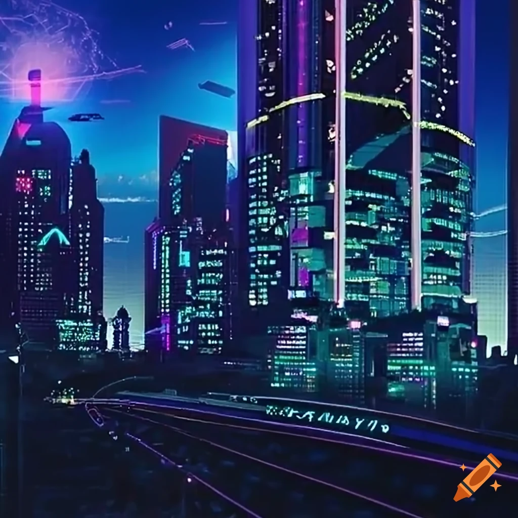 Futuristic dystopian cityscape with towering skyscrapers and flying ...