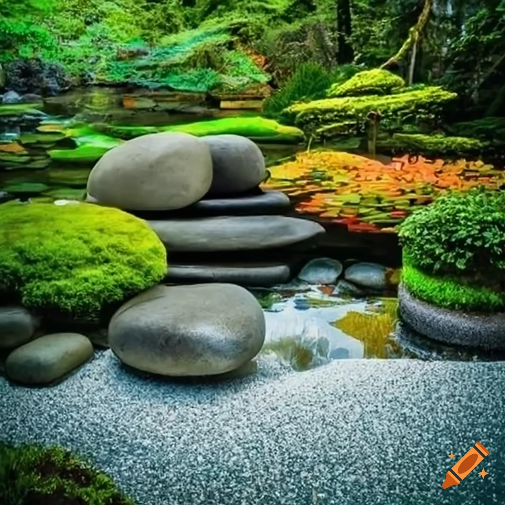 Harmonious zen stone garden in full bloom with serene koi pond