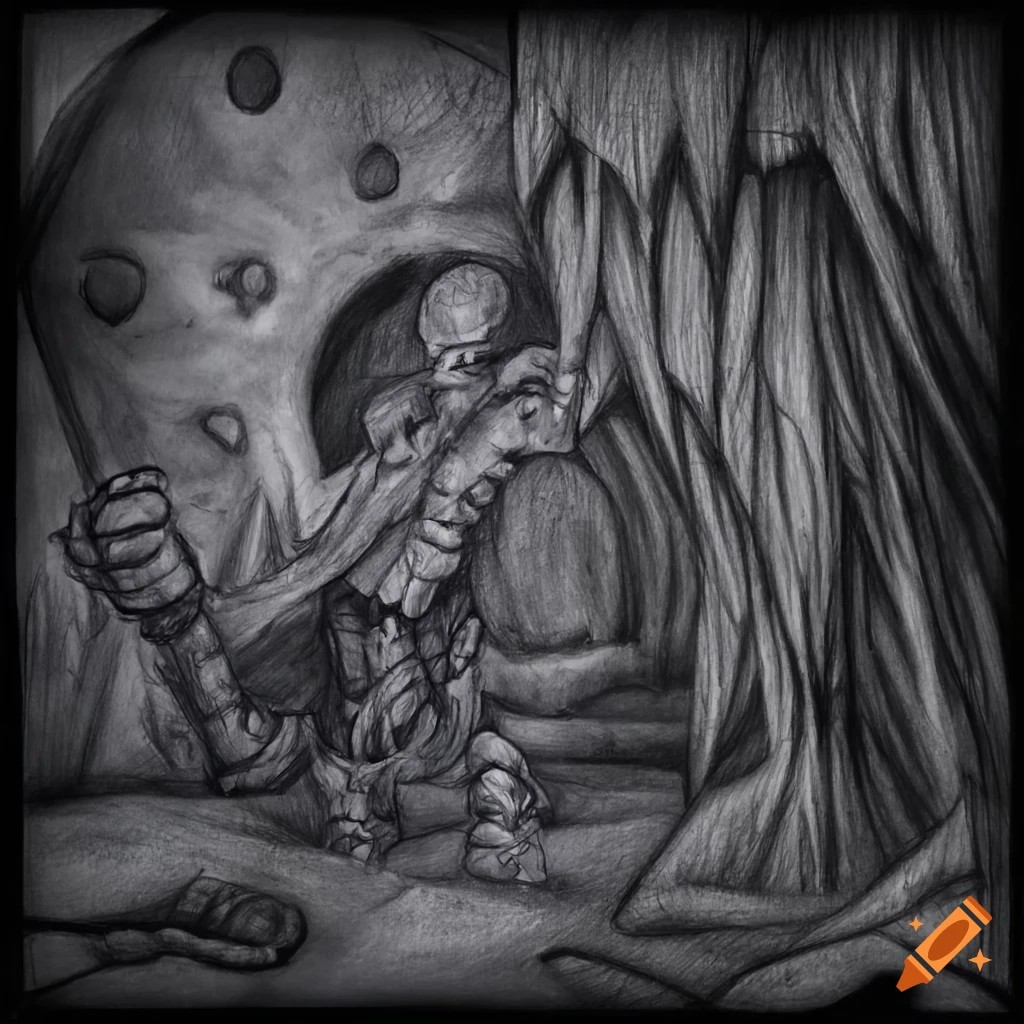Adventurer entering a cave guarded by a mystical creature in a dark catacomb dungeon