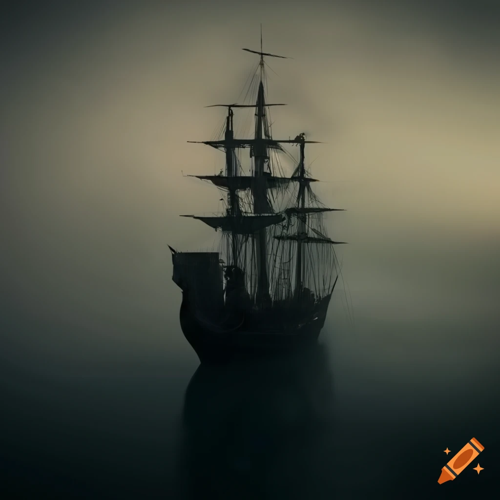 Black pirate ship in high resolution surrounded by fog