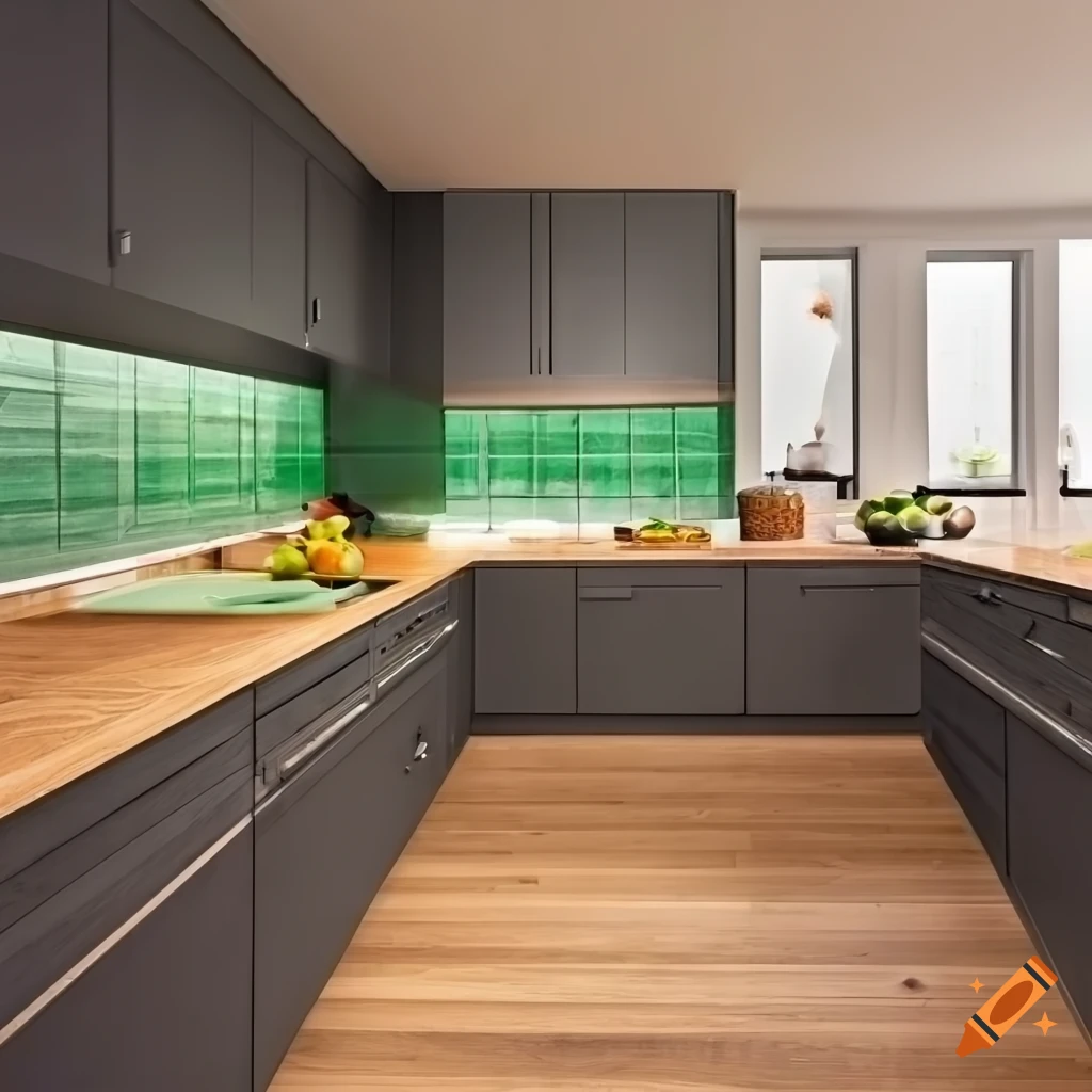 Modern u shaped kitchen with oak worktop and green metro tiles on Craiyon