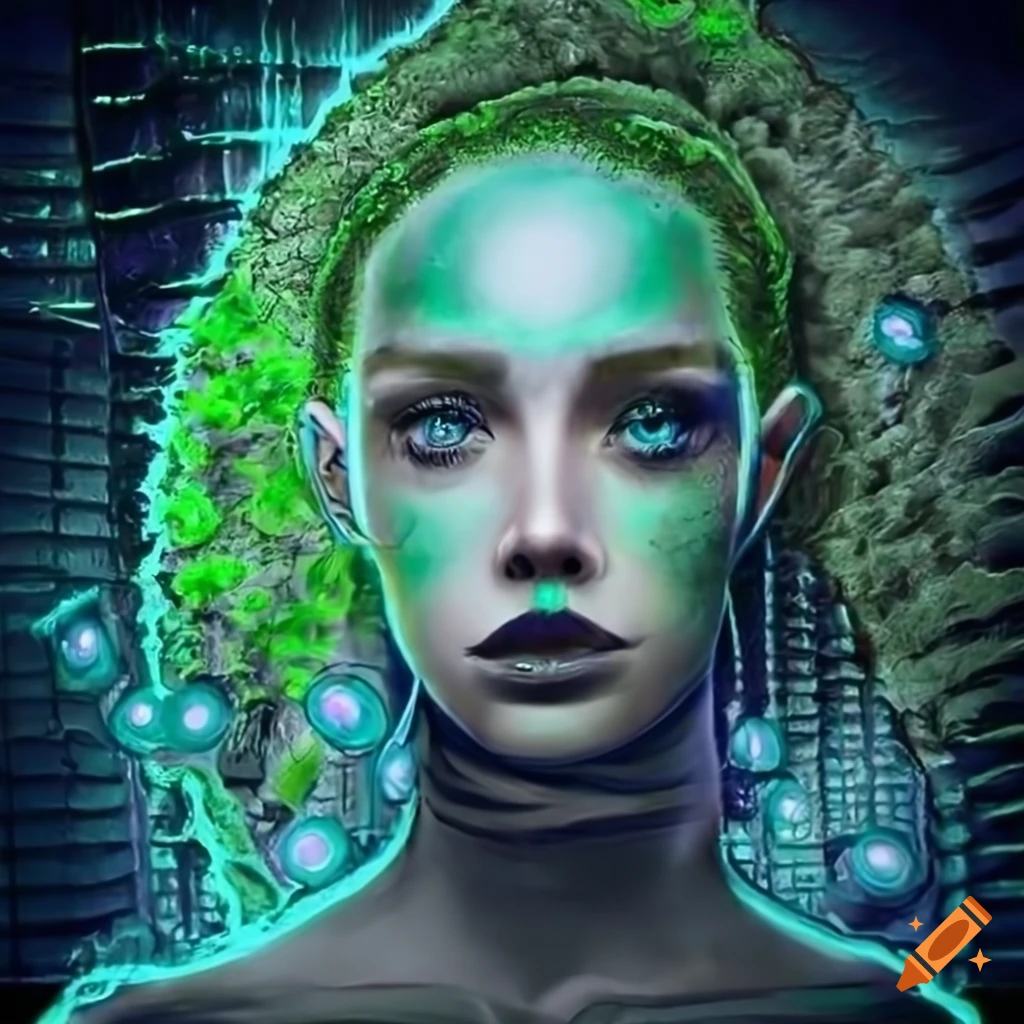 Biopunk cityscape with green moss, plants, mushrooms, and cyborg mermaid goddesses