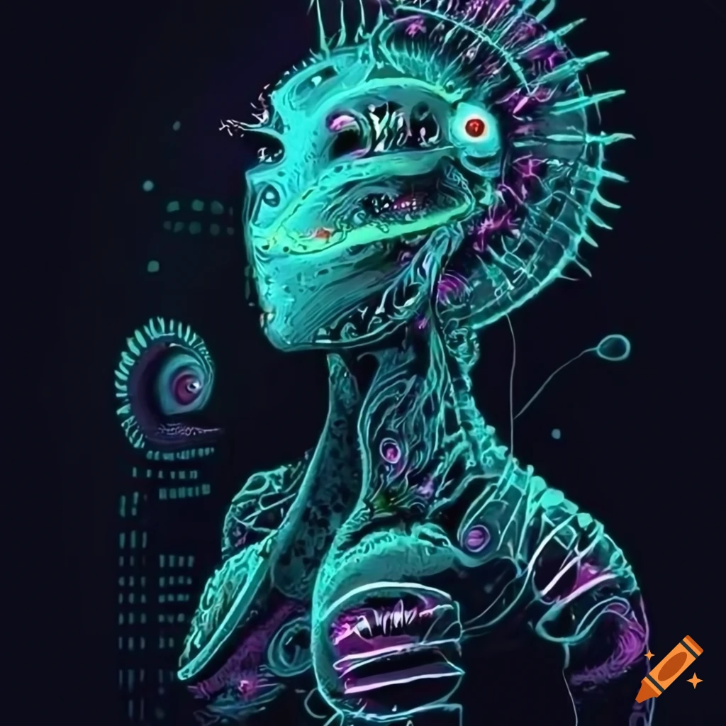 Glowing biopunk Venus flytrap creature in a moss-covered cityscape with cybernetic technology