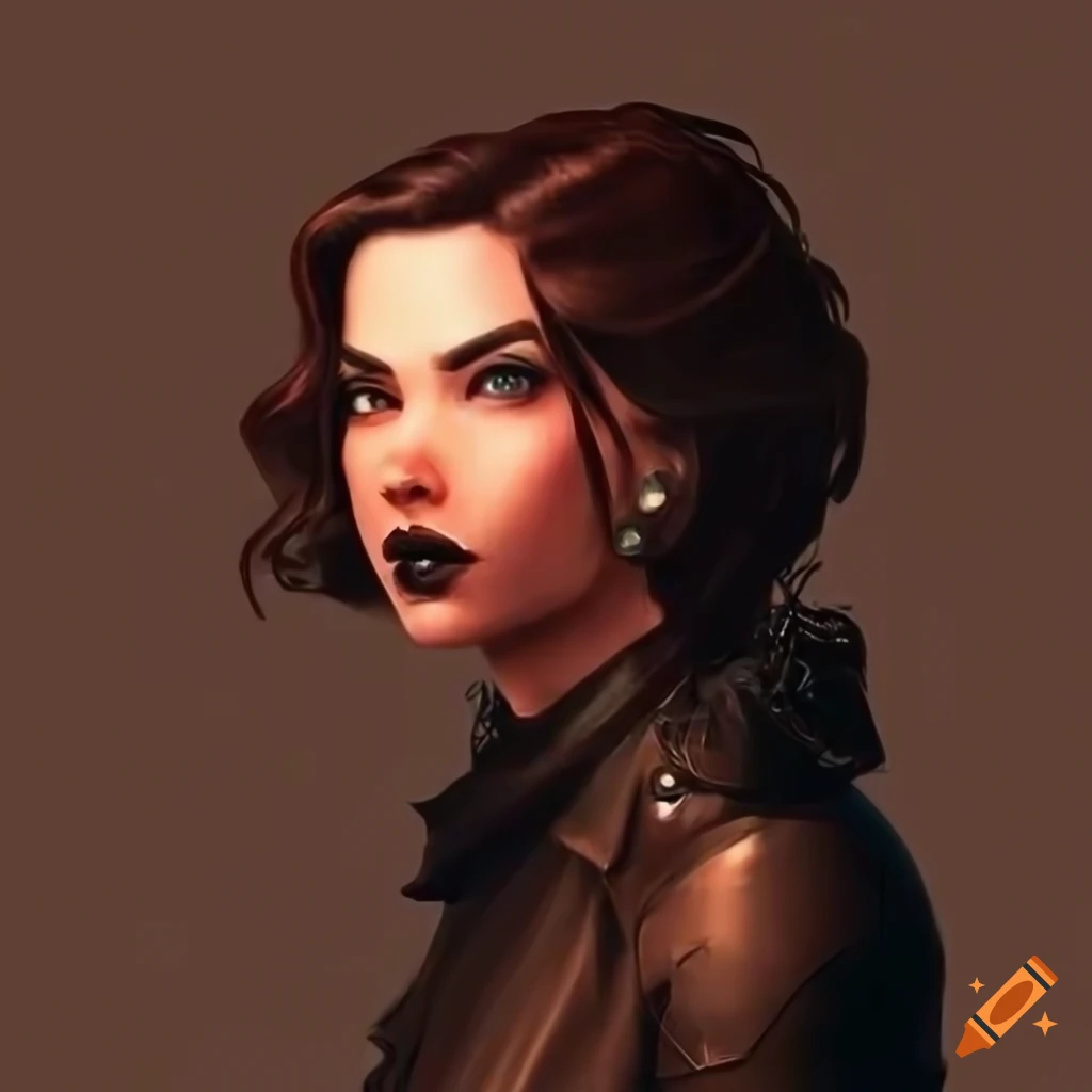 Fantasy female main character in dark academia leather wear with hazel eyes