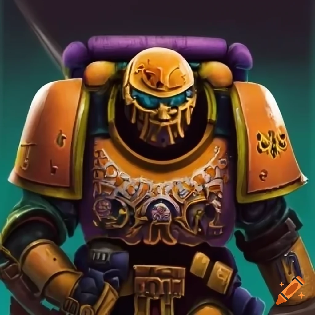 Warhammer space marine chapter with orange as primary color, purple and green accents