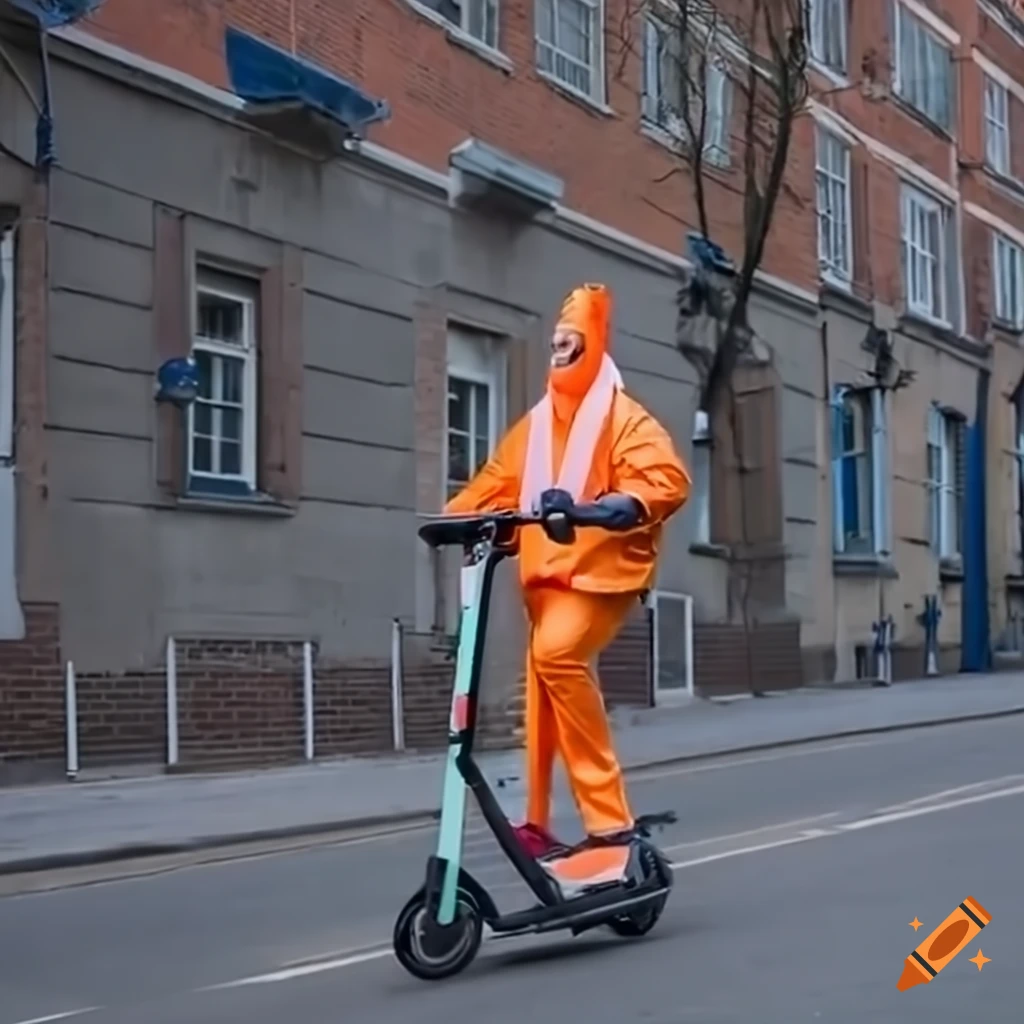 Man dressed as an orange traffic cone riding an electric scooter