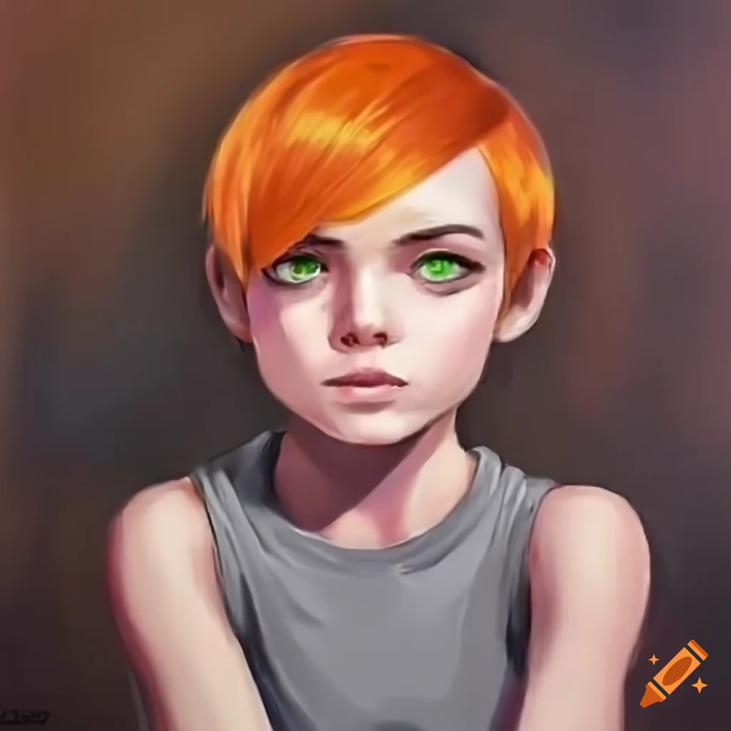 Anime child gwen tennyson with orange pixie cut hair laying in bed on