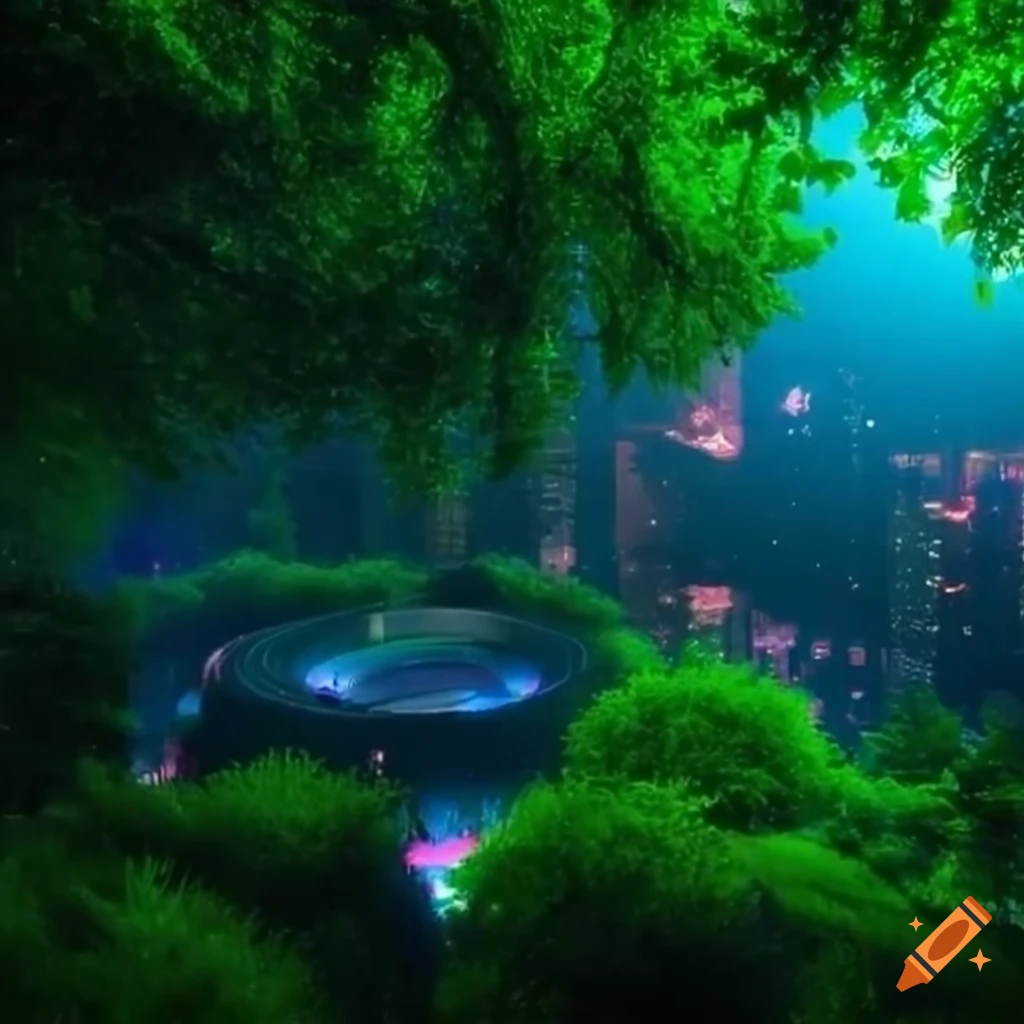 Nighttime solarpunk cityscape with lush greenery and synthwave lighting