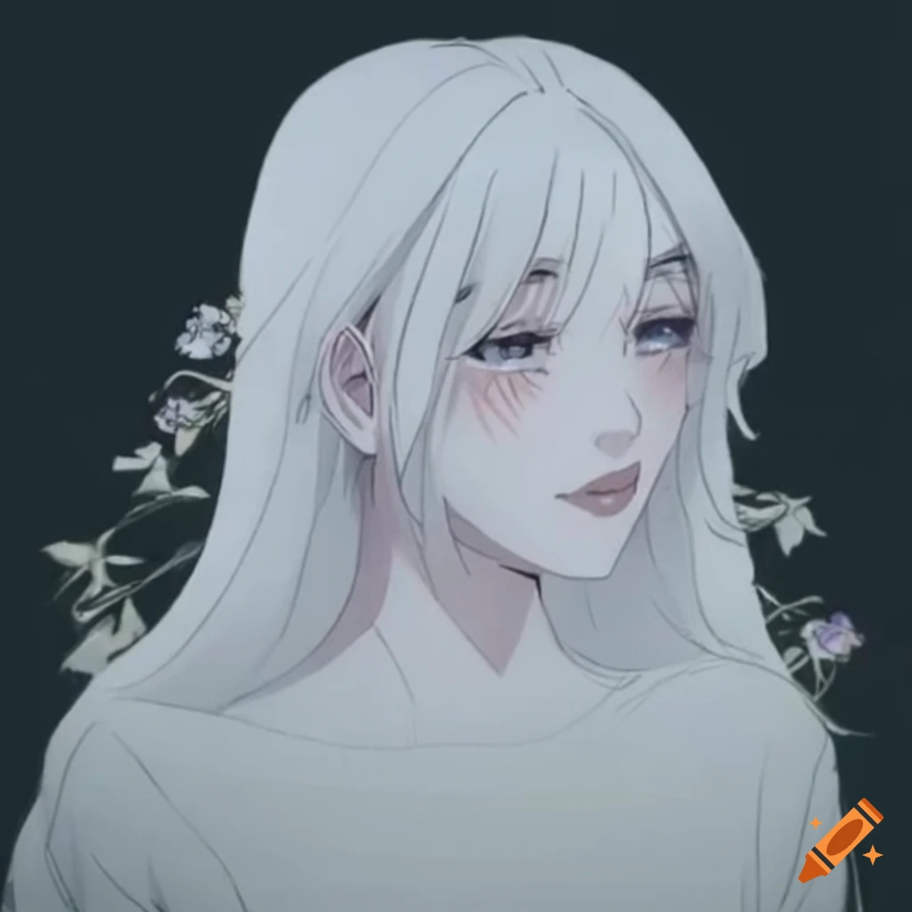 White anime pfp of a woman with flowers and scruffy hair, Anastasia-core aesthetic