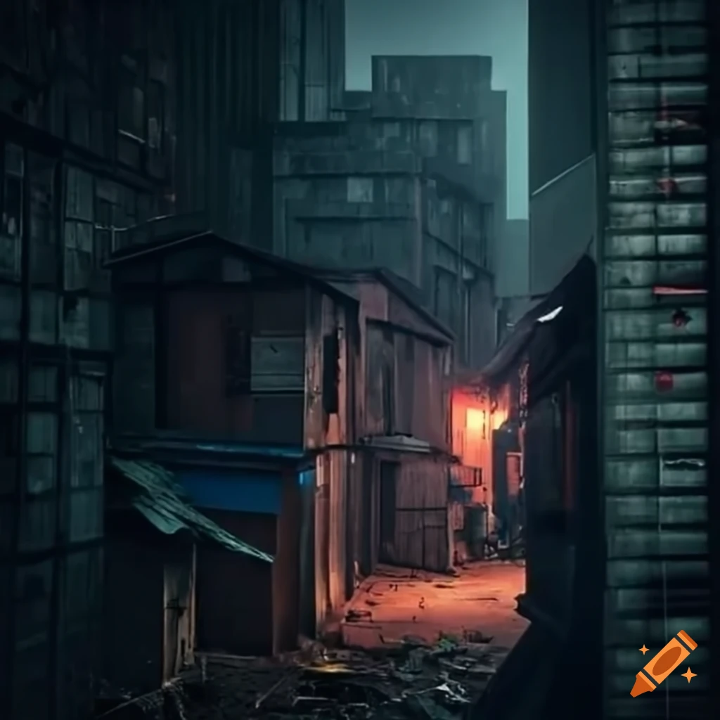 Gritty and dark noir scene of a slum with stacked shipping containers