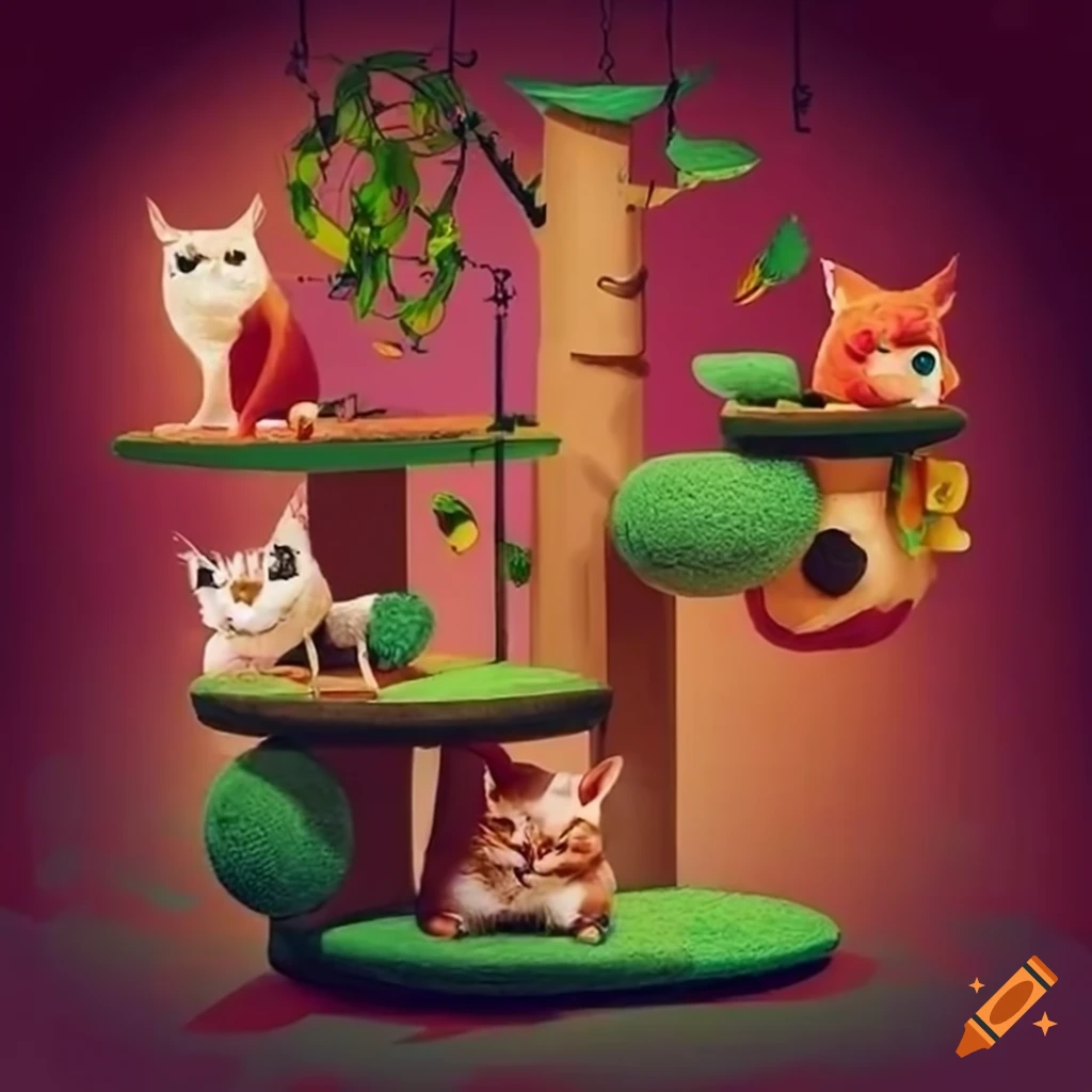 Colorful gamer couple's office with hanging plants, stuffed animals, art, and cats on a cat tree