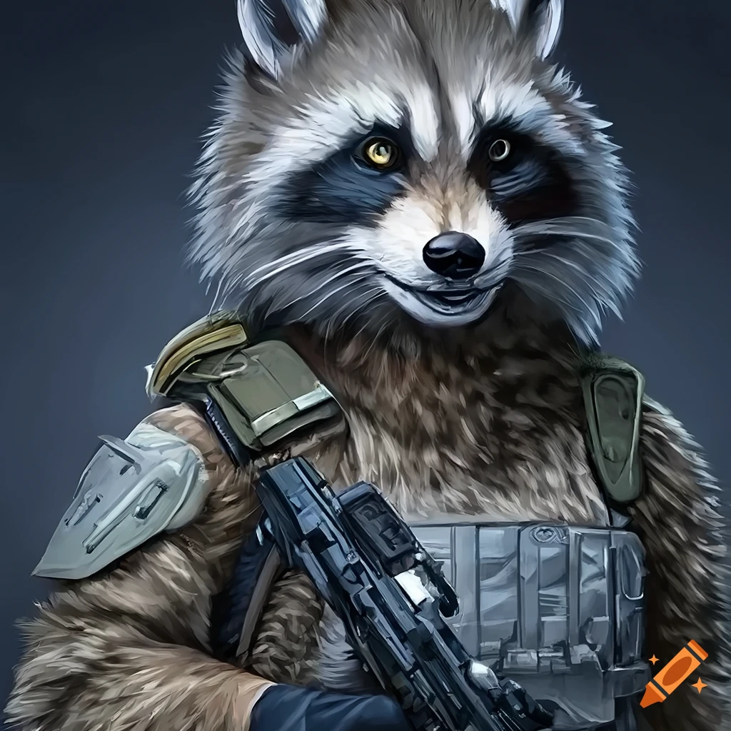 Portrait of an anthro furry raccoon in modern tactical body armor