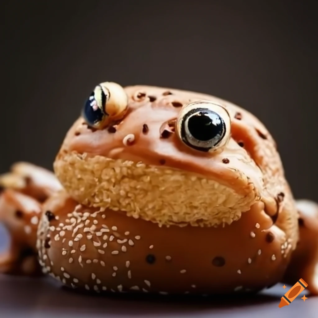 Bun resembling a toad with sesame seeds and chocolate chips