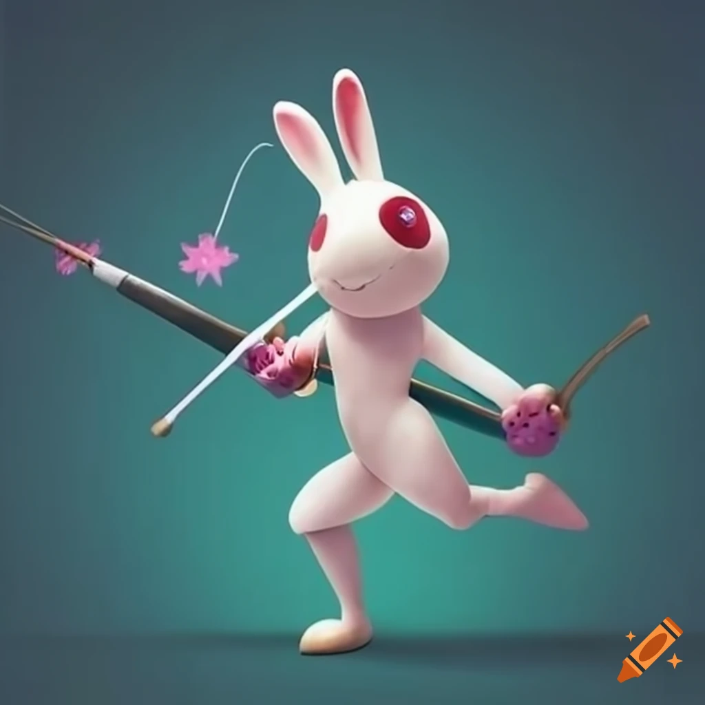 Easter bunnies fencing with epees in a modern setting