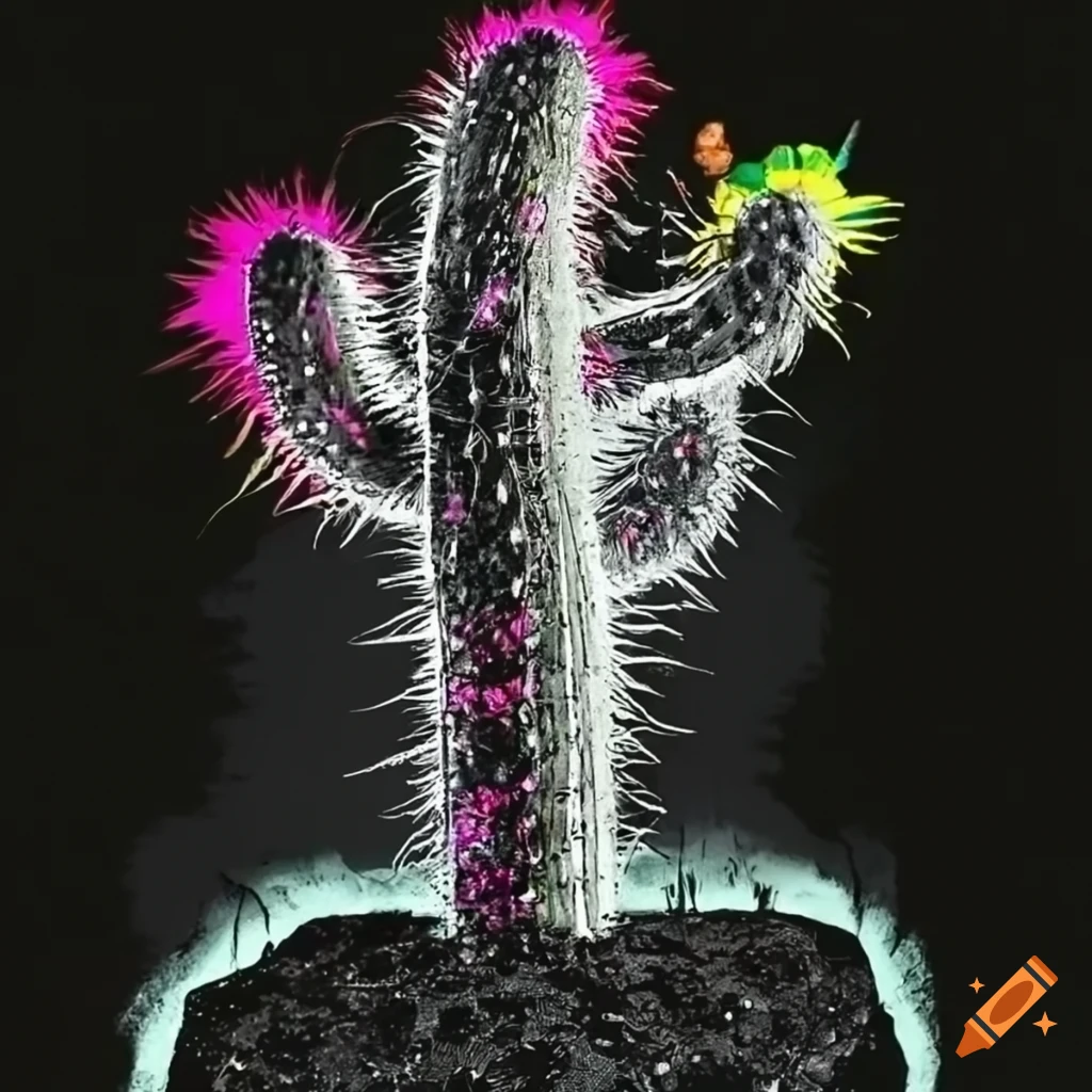 Surreal cactus scene with religious symbolism in Dadaistic collage style