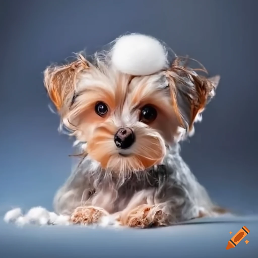 Morkie playing with a cotton ball