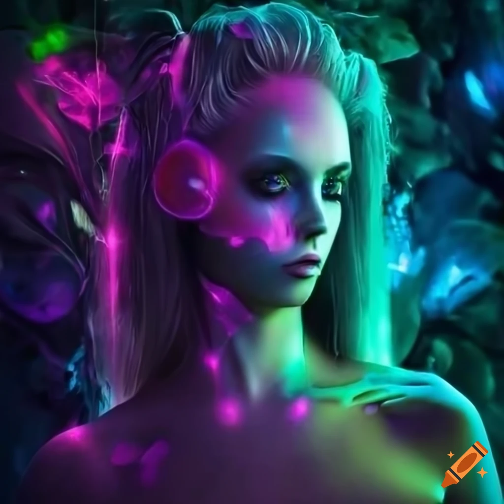 Glowing biopunk cityscape with moss, plants, mushrooms, crystals, and cyborg goddesses