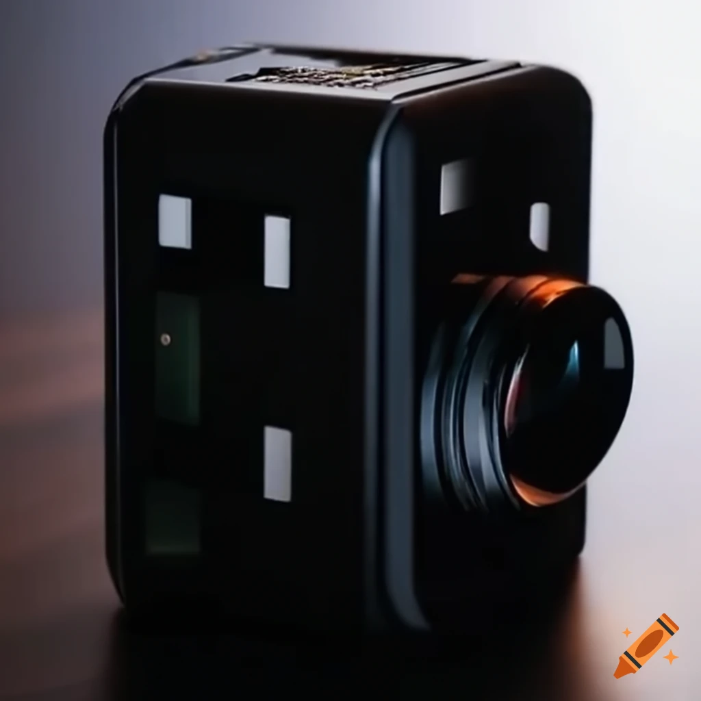 Cube emerging from a film camera lens on Craiyon