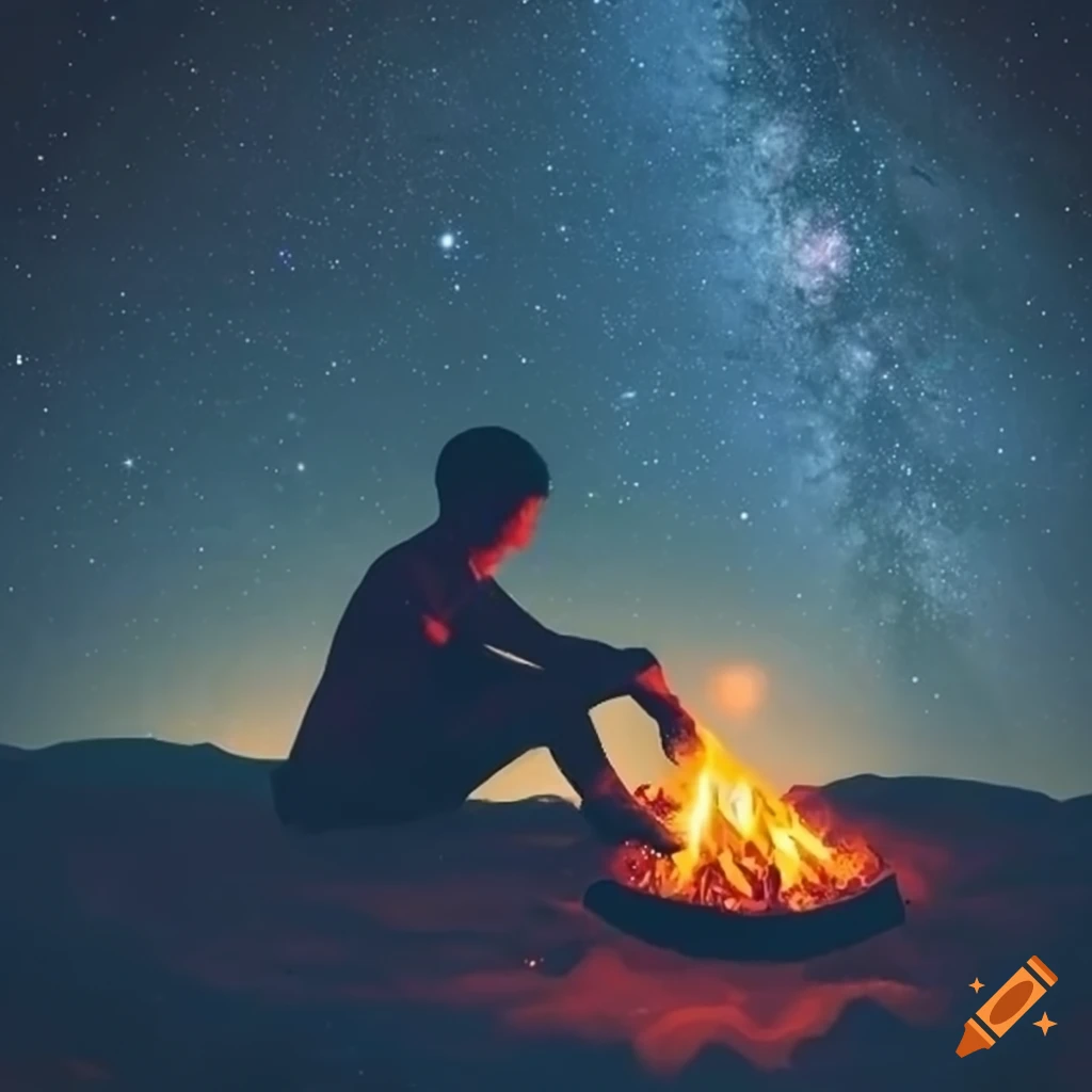 Person sitting under starry night sky with possibly a campfire on Craiyon