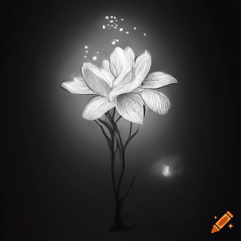 White glowing Lotus flower with stem in a dark and dreamy setting