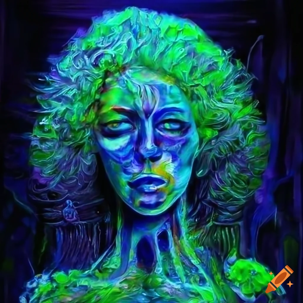 Biopunk cityscape with green moss, plants, mushrooms, and cyborg mermaid goddesses