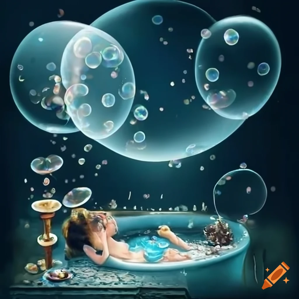 Collection of bubbles with different scenes: dinner couple, jungle cat, woman in bath tub, child playing